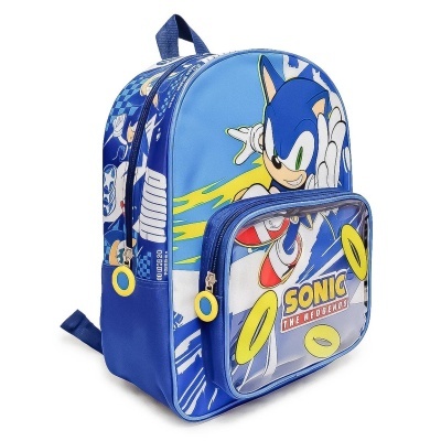 Mochila azul infantil com estampa do Sonic e anéis amarelos
