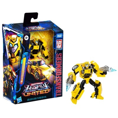 Action figure Bumblebee amarelo e preto da coleção Transformers Legacy United com armas, embalagem azul