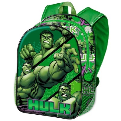 Mochila infantil verde com estampa do Hulk e nome HULK em grande na frente