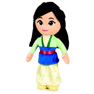 Boneca de pelúcia Mulan com vestido amarelo e avental azul