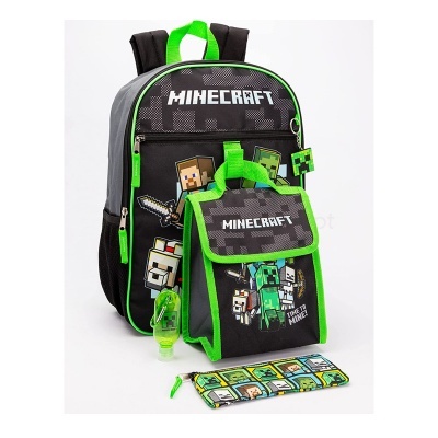 Conjunto escolar Minecraft com mochila, lancheira, estojo e acessórios verdes e pretos com personagens do jogo