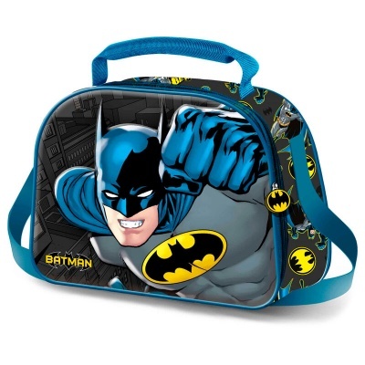 Mala infantil azul com estampa do Batman e símbolos amarelos