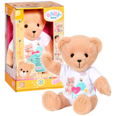 Urso de peluche Baby born com t-shirt branca na embalagem amarela