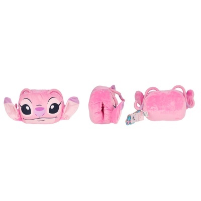 Mochila infantil de peluche rosa com rosto e orelhas