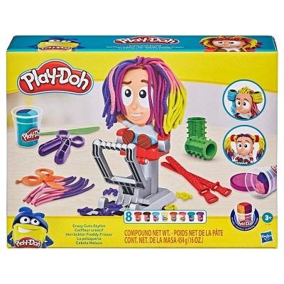 Brinquedo Play-Doh Crazy Cuts Stylist com manequim, ferramentas e potes de massa colorida.
