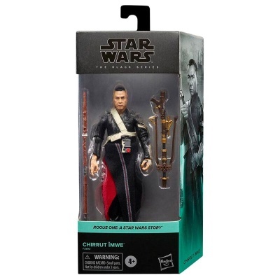 Figura de ação Chirrut Îmwe Star Wars com acessórios na embalagem preta e verde