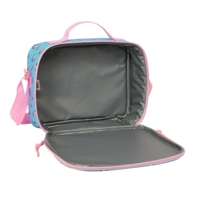 Bolsa térmica azul com padrão Hello Kitty, interior cinzento e alça rosa