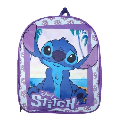 Mochila roxa com estampa do Stitch da Disney e detalhes florais