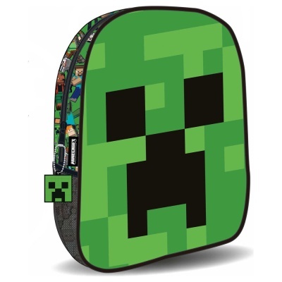 Mochila Minecraft verde com rosto pixelado e zíper com puxador decorado