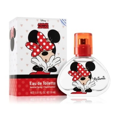 Perfume Eau de Toilette Minnie Mouse com frasco e embalagem com imagem da personagem Minnie Mouse e tampa laranja