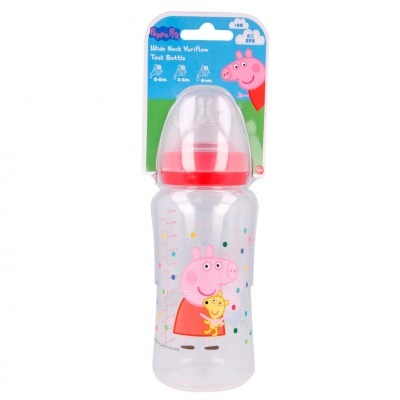 Mamadeira Peppa Pig transparente com tampa vermelha e personagem impressa