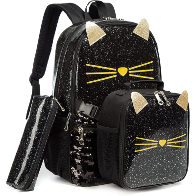 Mochila, lancheira e estojo pretos com glitter e detalhes dourados de gato