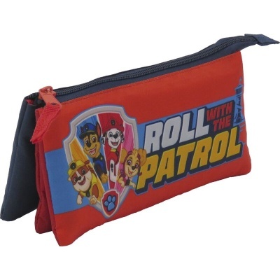 Estojo escolar vermelho e azul com personagens de desenhos animados e letras 'ROLL WITH THE PATROL'