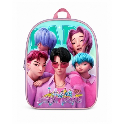mochila com estampa de personagens animados de cabelos coloridos e texto SAIJA BOYS