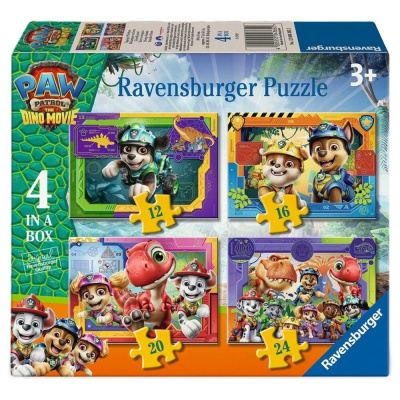 Caixa de puzzle Ravensburger Paw Patrol The Dino Movie com 4 puzzles coloridos para crianças, peças 12, 16, 20 e 24.