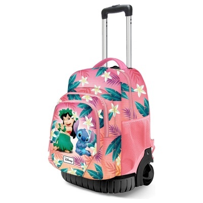 Mochila com rodas cor-de-rosa com padrão tropical e personagens de desenho animado