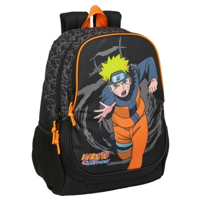 Mochila preta com estampa do personagem Naruto em cores e detalhes laranja