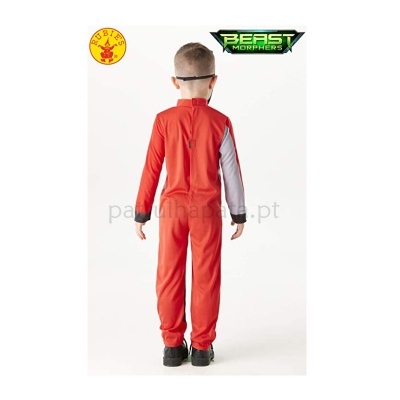 Fato vermelho, branco e preto para criança com fecho atrás, usado por menino de costas sobre fundo branco