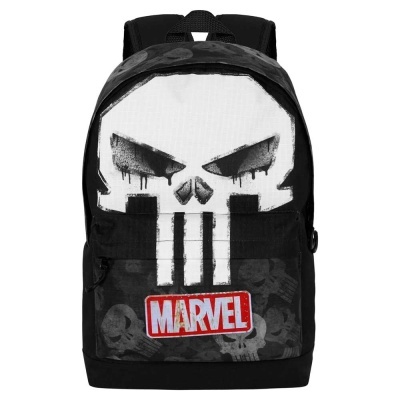 mochila preta com estampa de caveira branca e logo MARVEL