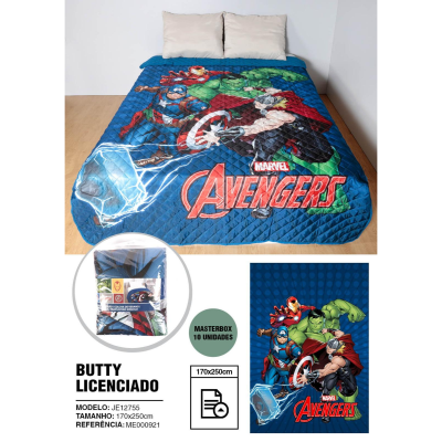 Cobertura de cama azul matelassada com estampa dos Avengers da Marvel