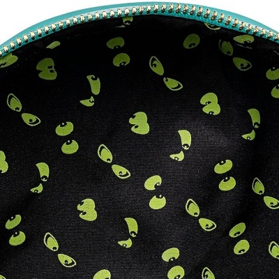 Interior de bolsa preta com estampa de olhos verdes e fecho azul