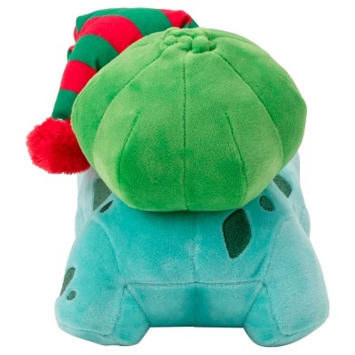 Pelúcia de Bulbasaur azul com planta verde e gorro de Natal