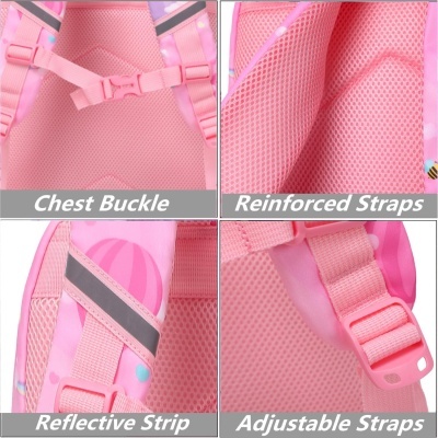 Detalhes da mochila rosa com alças ajustáveis, presilha peitoral, tira refletora e alças reforçadas