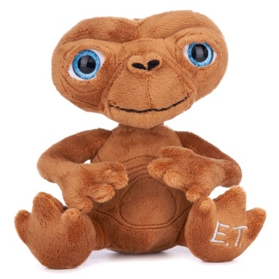 Boneco de peluche castanho E.T. com olhos azuis grandes e bordado branco