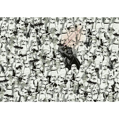 Ilustração de Stormtroopers brancos e figura negra com sabre de luz vermelho