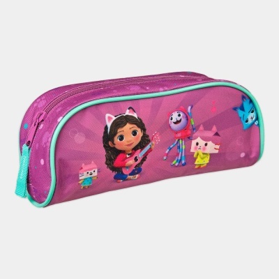 Estojo escolar cor-de-rosa com personagens animados e fecho de correr azul.