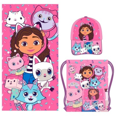 Conjunto infantil rosa com toalha, boné e mochila com personagens animados