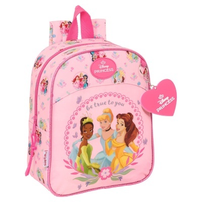 Mochila rosa infantil Disney Princess com personagens e etiqueta de coração