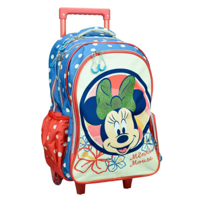 Mochila de rodas infantil azul com bolinhas e imagem da Minnie Mouse