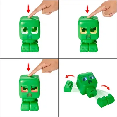 Brinquedo plástico verde em formato cubo com olhos coloridos que mudam ao pressionar botão e se separa em três partes.