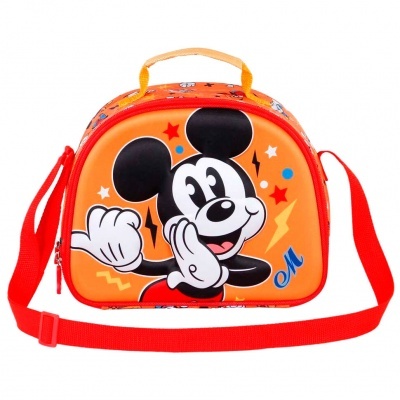 Mala infantil laranja com estampa do Mickey Mouse e alça vermelha.