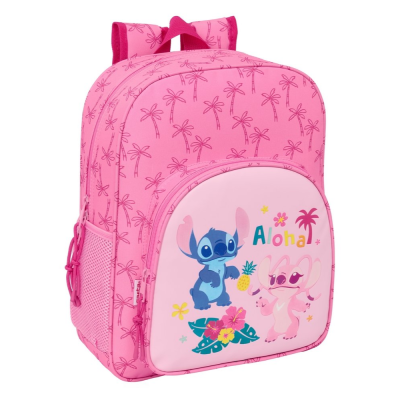 Mochila rosa com estampa de personagens e padrão de palmeiras