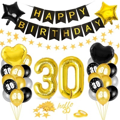 Conjunto de decoração para aniversário com balões dourados e pretos e faixa HAPPY BIRTHDAY