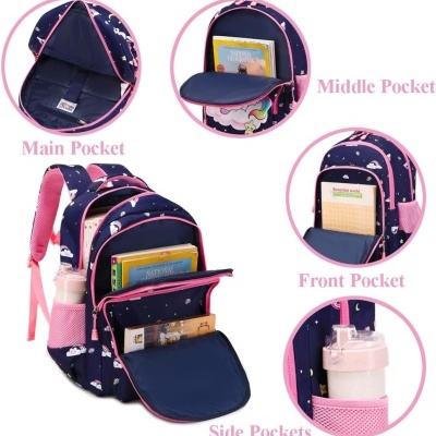 Mochila azul escura com corações e estrelas, vários bolsos e detalhes rosa