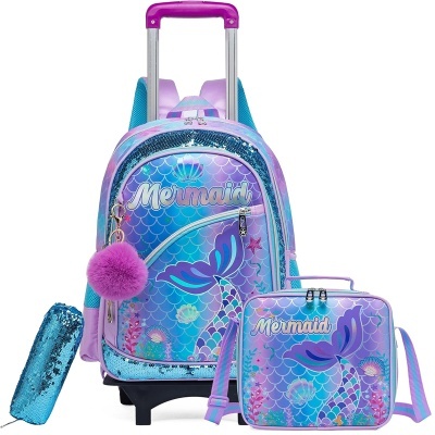 Mochila de carrinho com padrão de sereia, estojo e lancheira em tons de azul e roxo