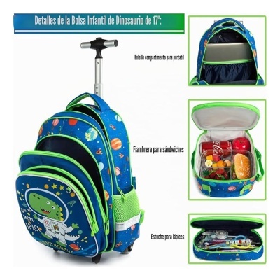 Mochila infantil azul com dinossauro astronauta e detalhes verdes, com várias divisórias e rodas