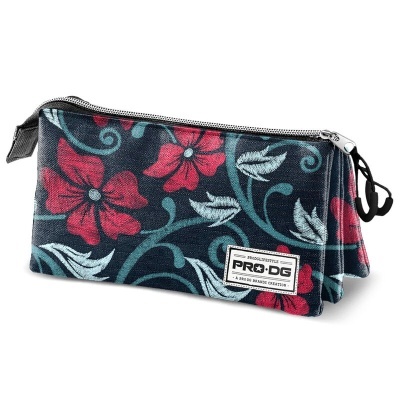 Estojo azul escuro com flores vermelhas e folhas brancas e fecho de correr