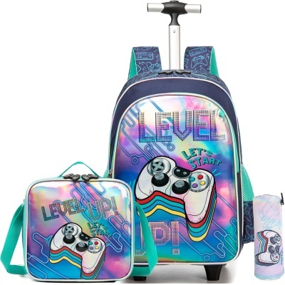 Mochila de rodinhas com padrão de comando de videojogo, lancheira e estojo combinando