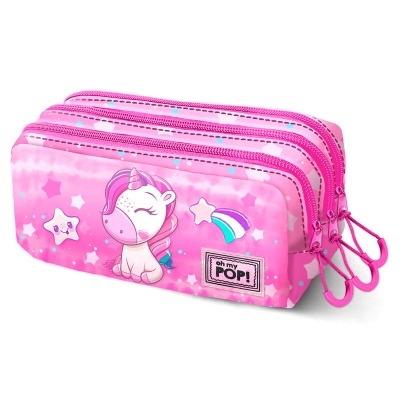 Estojo escolar rosa com três fechos e personagem de unicórnio
