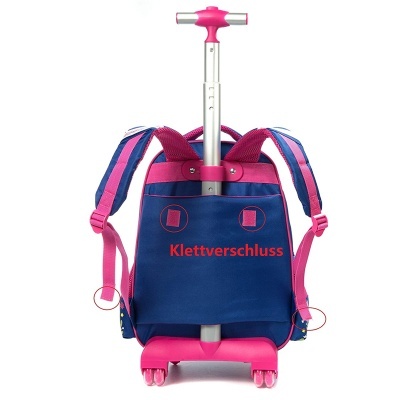 Mala de carrinho escolar azul e rosa com texto 'Klettverschluss'