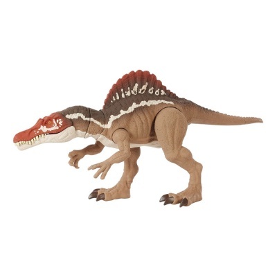 Figura de dinossauro Spinosaurus de plástico castanho com crista vermelha