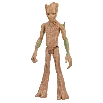 Figura de ação do Groot em plástico castanho claro e verde, textura de madeira