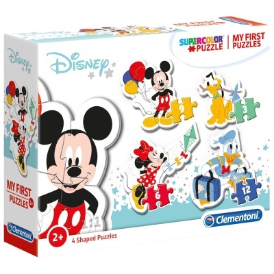 Caixa de puzzles Disney para crianças com personagens e peças coloridas.