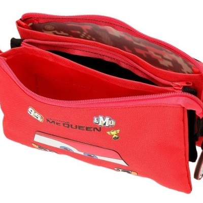 Estojo escolar vermelho com personagem McQueen de Cars e dois compartimentos