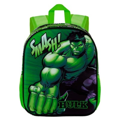 Mochila infantil verde e preta com estampa do Hulk e texto SMASH! e HULK.