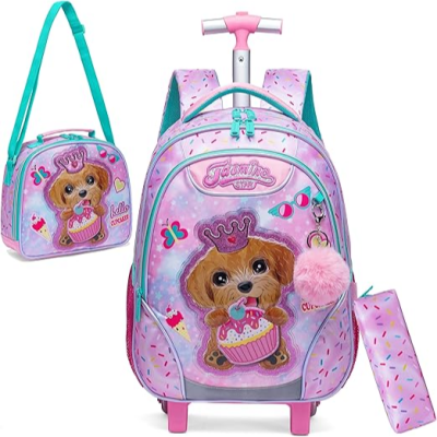 Conjunto escolar mochila carrinho, lancheira e estojo rosa lilás com desenho de cão e cupcake